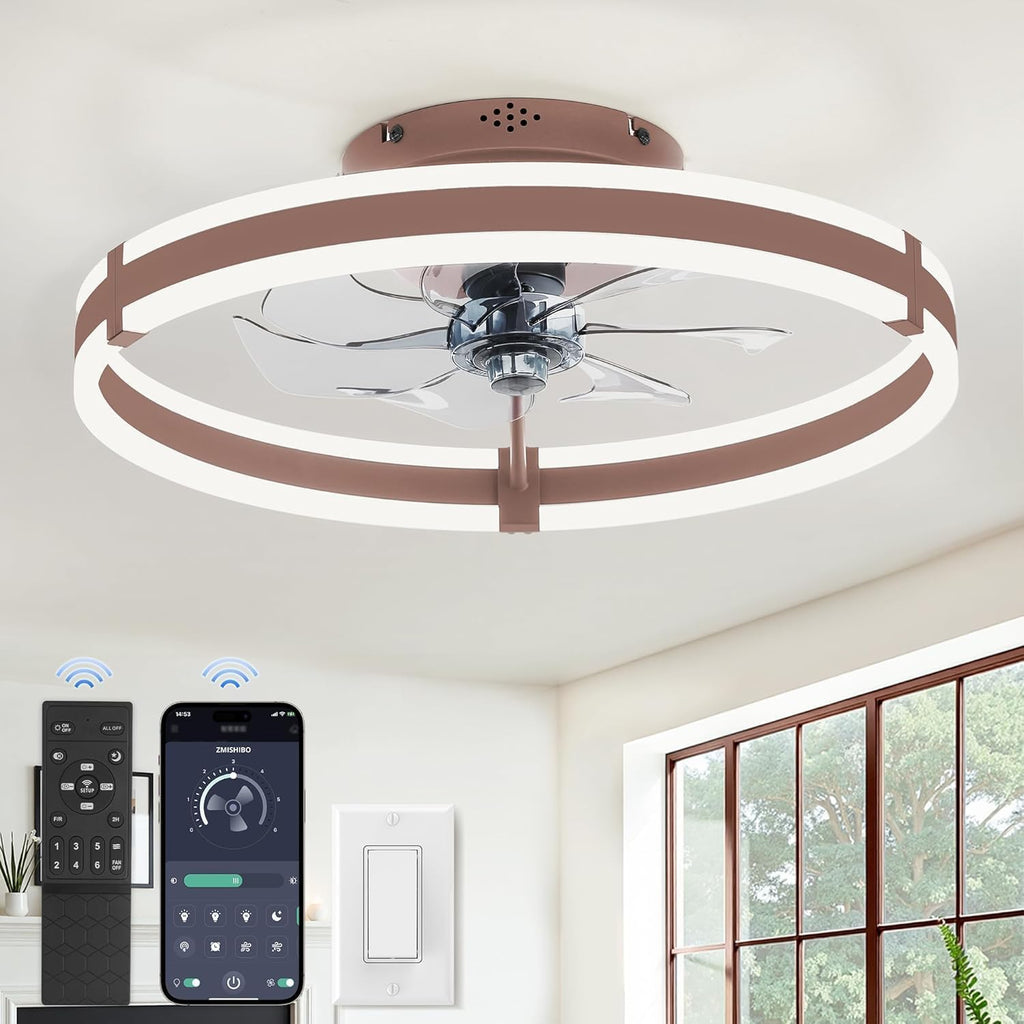 19.7" Brown Flush Mount Chandelier Ceiling Fan with Light & Remote
