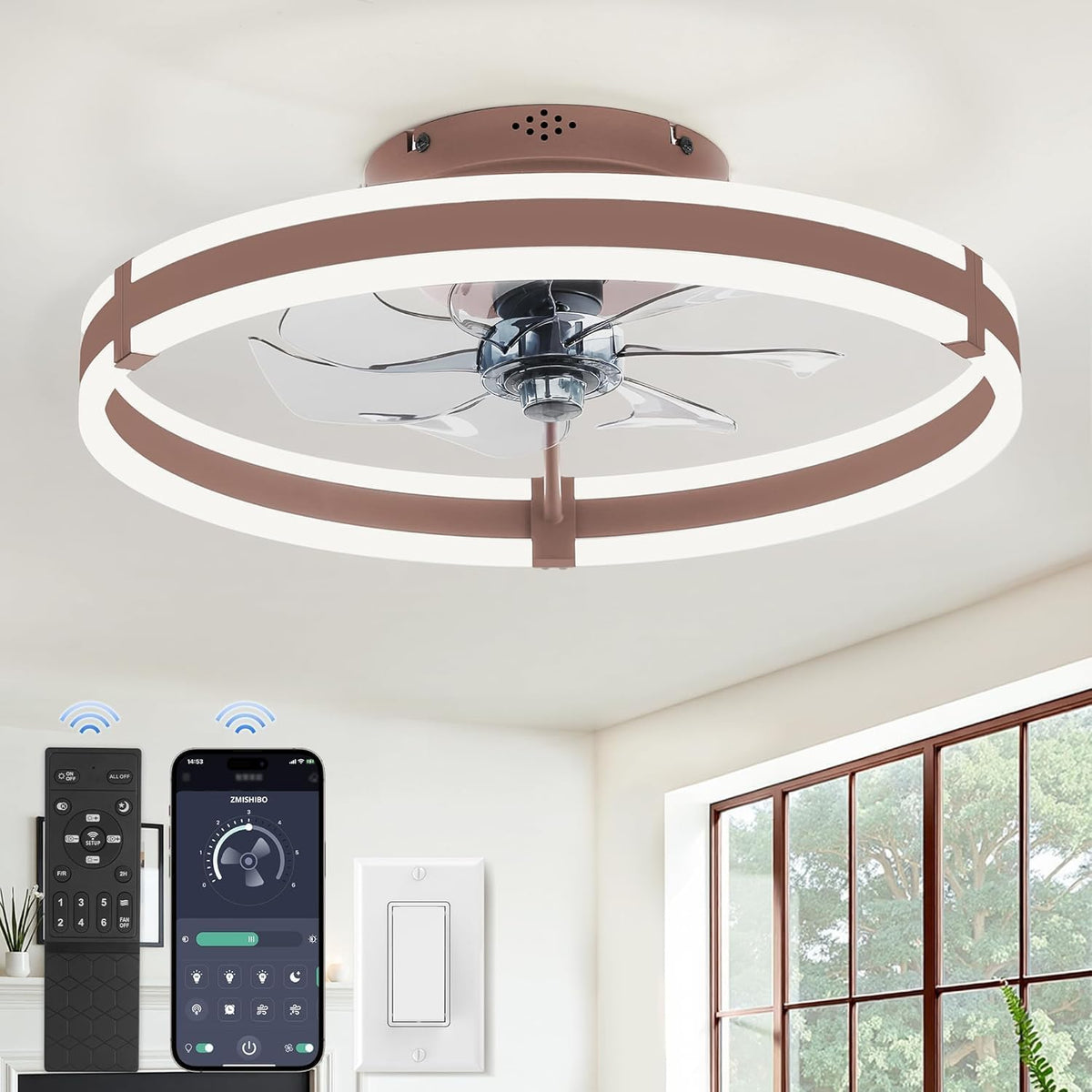 19.7" Brown Flush Mount Chandelier Ceiling Fan with Light & Remote