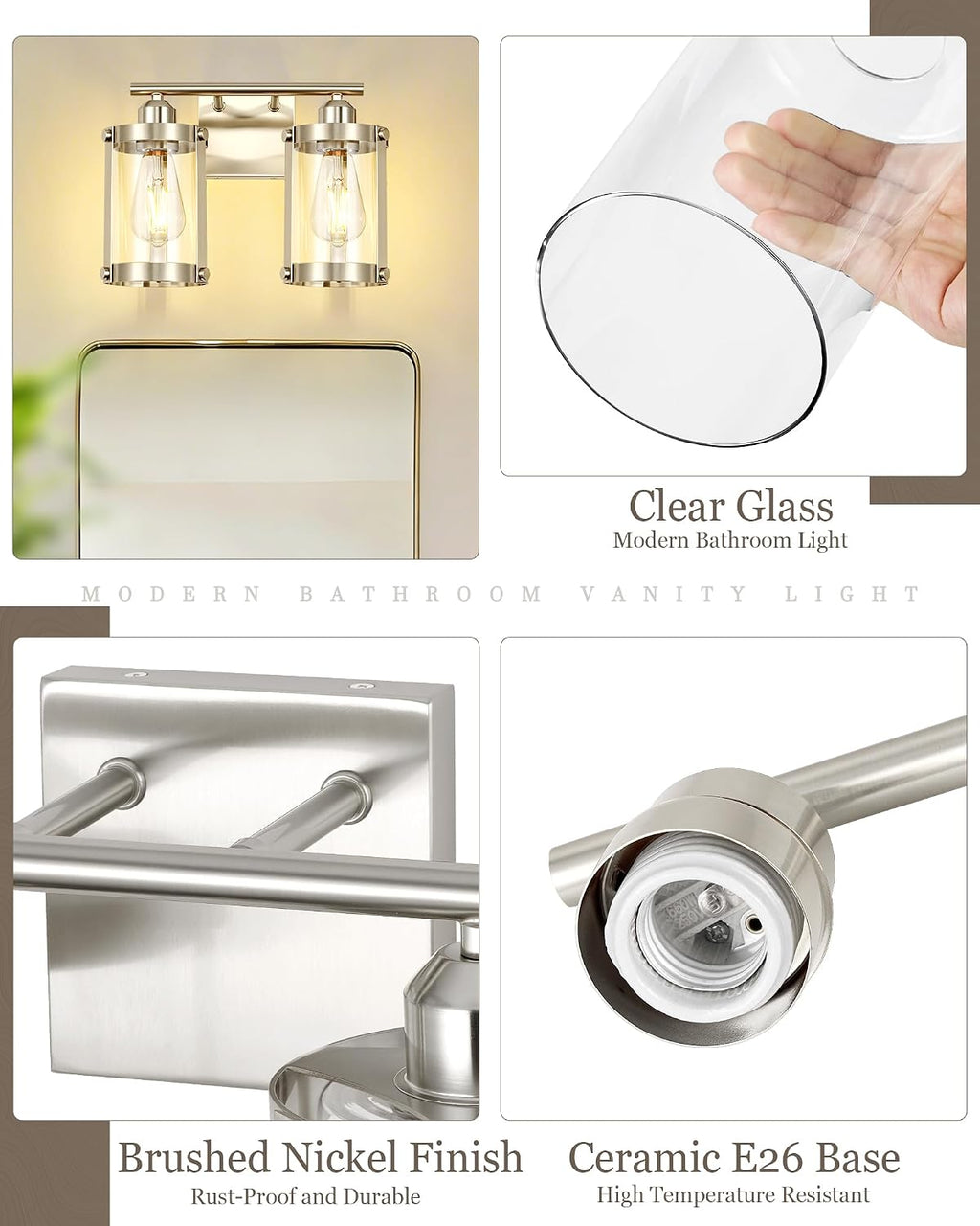 2-Light Brushed Nickel Bathroom Light Fixtures, 13.8 Inch Modern Bathroom Vanity Lighting Fixtures Over Mirror with