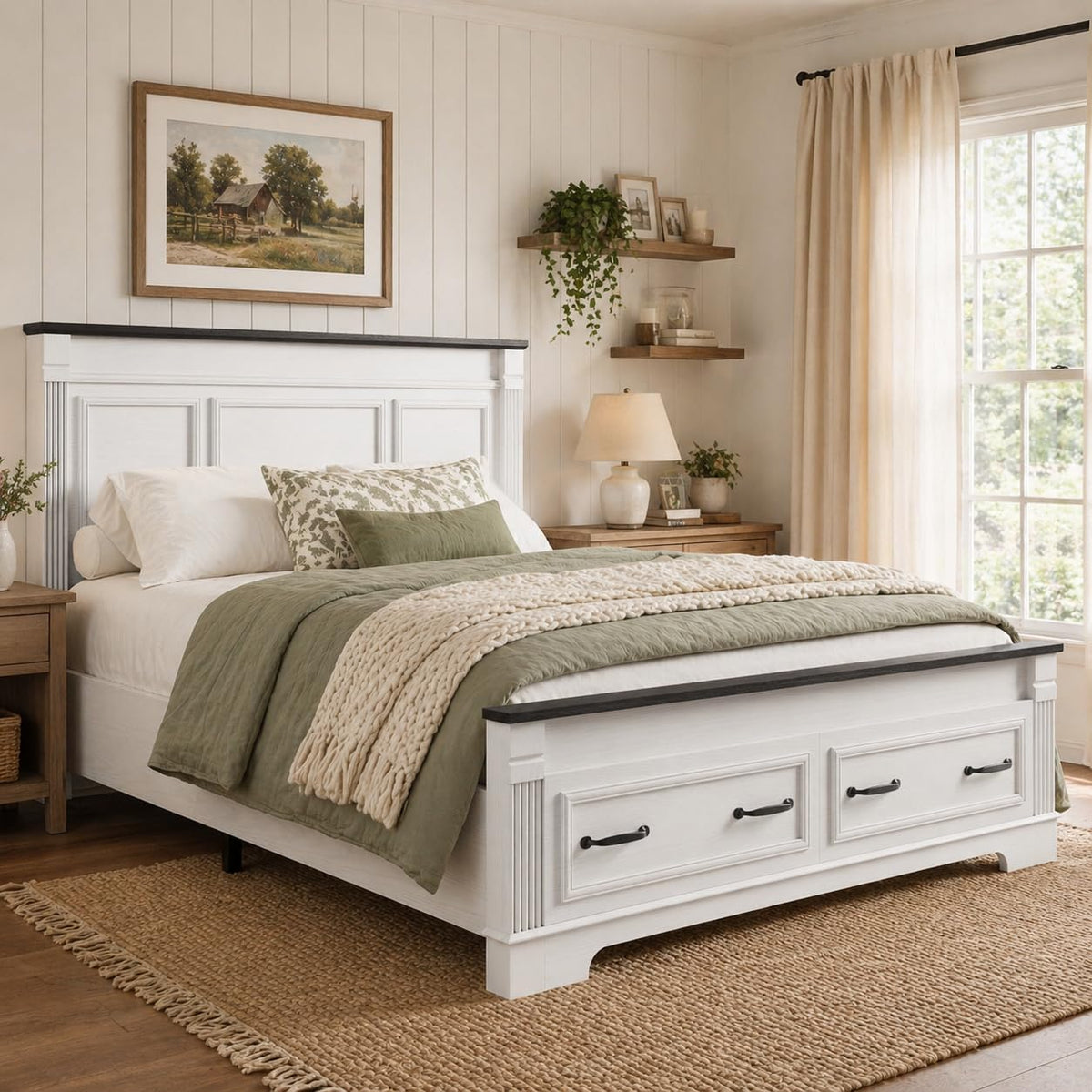 Farmhouse Bed Frame with Storage Drawers Headboard Footboard