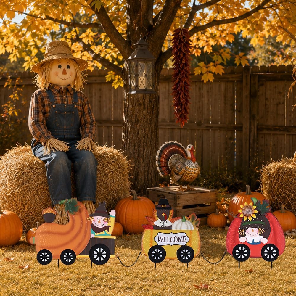 Thanksgiving Outdoor Decor, Set of 3 Metal Pumpkin Train Decorative Garden Stakes with Scarecrow Turkey, Fall Welcome