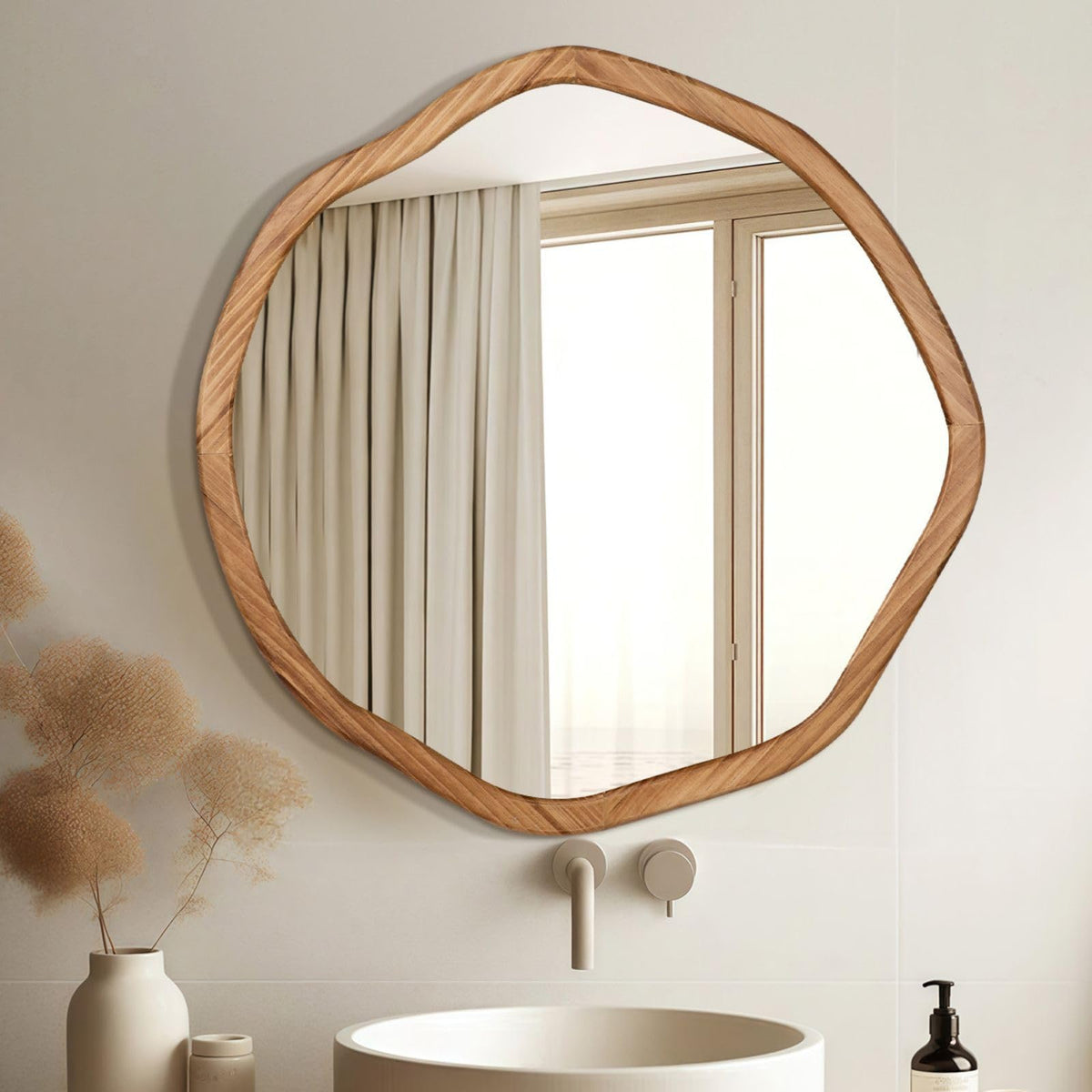 Irregular Round Wood Mirror 24 Inch, Rustic Brown Wall Mirror