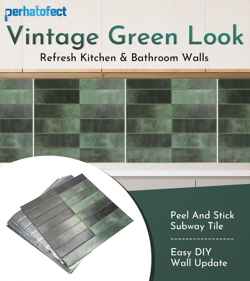 10 Sheets Vintage Green Peel and Stick Subway Wall Tiles, 12 x 12 in