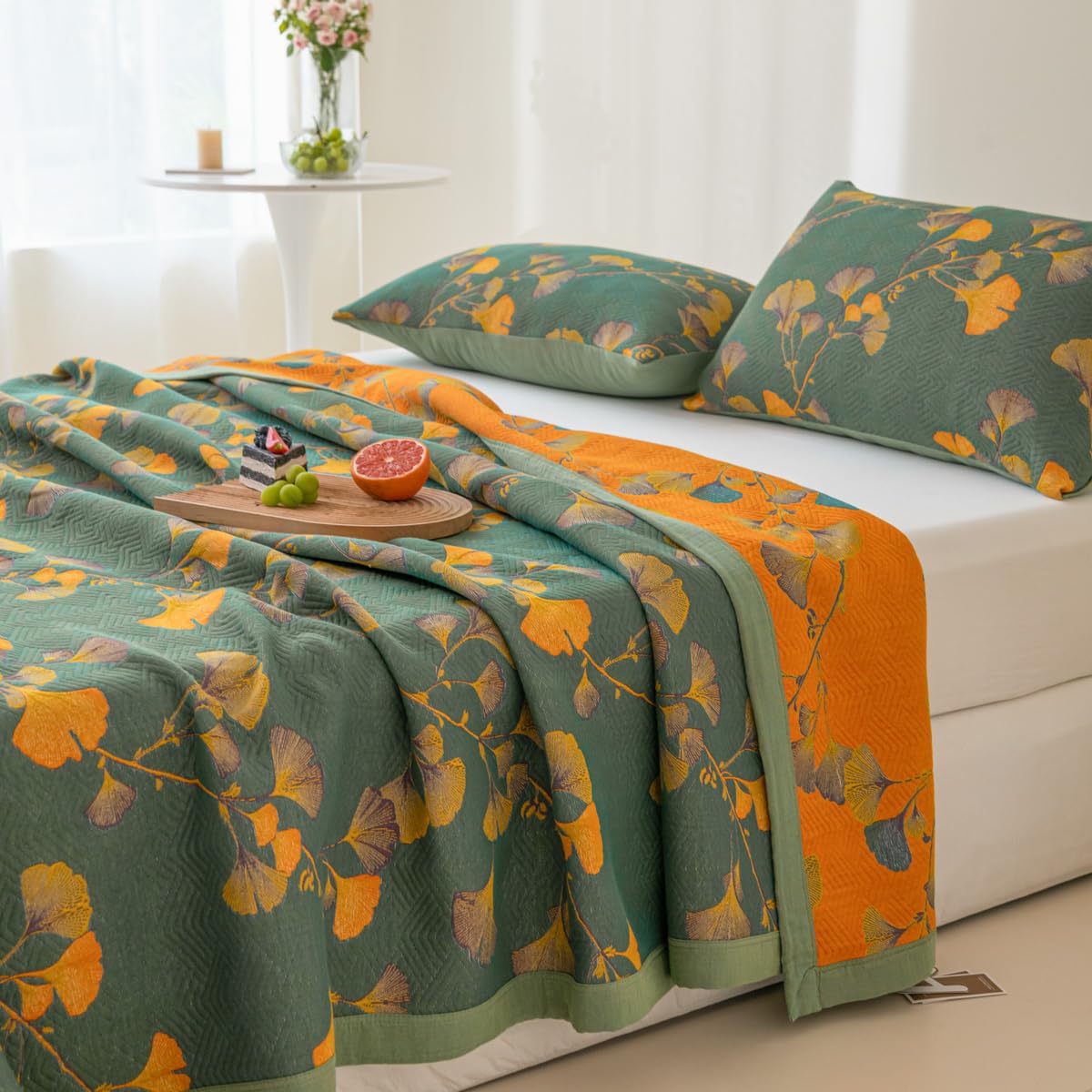100% Cotton Jacquard Quilt Floral Ginkgo Leaves Print, Soft Muslin Bed Cover 3 Layers Reversible Bedspread Coverlet