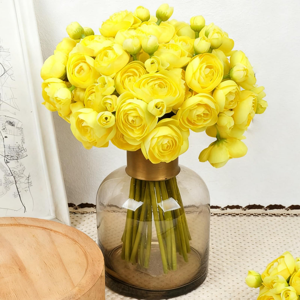 18Pcs Ranunculus Artificial Flowers, Yellow Faux Silk Mini Peony Flowers Fake Peonies Wedding Flowers DIY Bouquet for