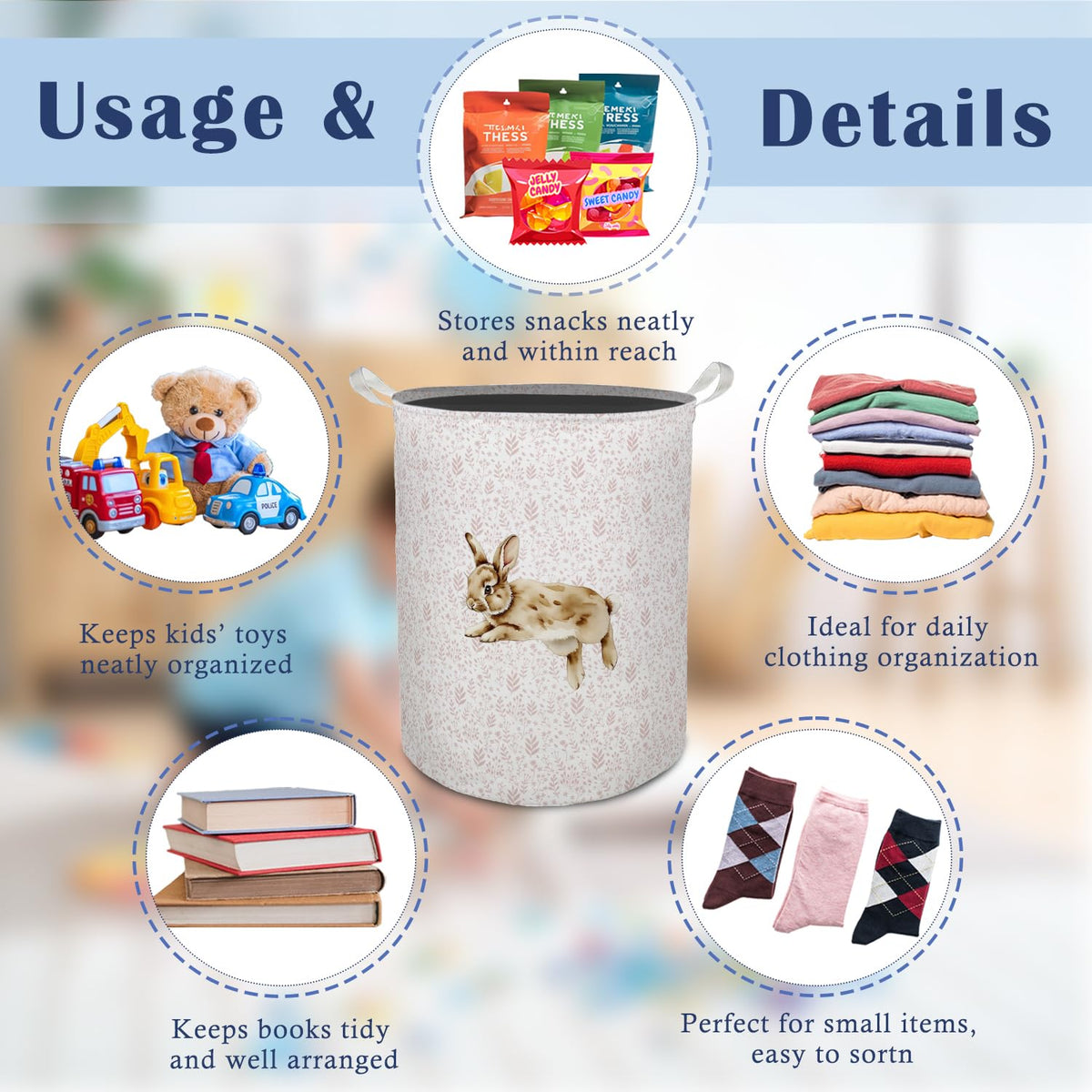 Pink Floral Bunny Laundry Basket Hamper, Bunny Nursery Decor, Pastel Wildflower Rabbit Foldable Clothes Toys Books