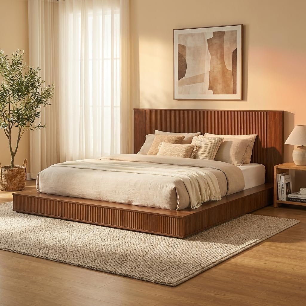 Solid Walnut Wood Platform Bed Frame King Size Japanese Joinery