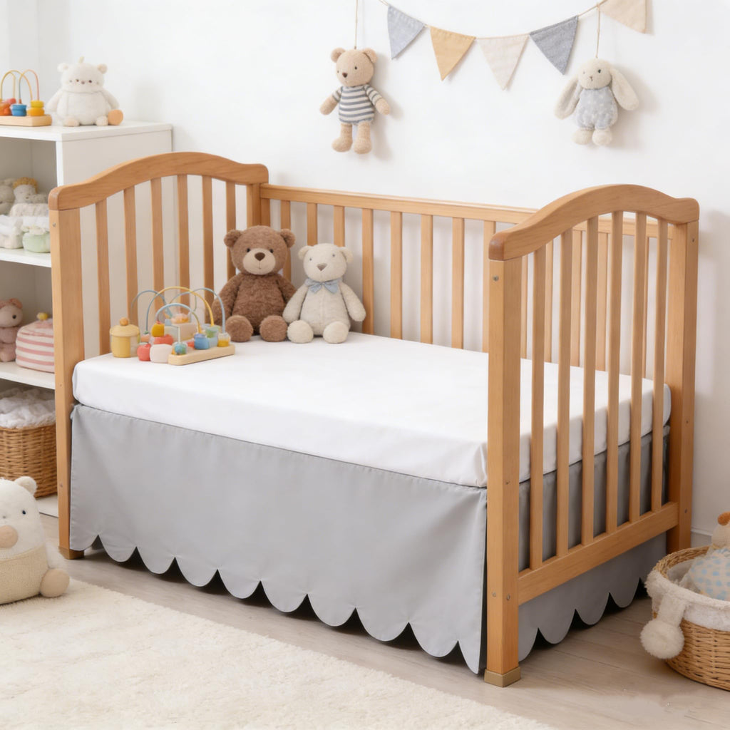 Scallop Edge Crib Skirt Grey, 100% Egyptian Cotton 400 Thread Count Crib Skirt Dust Ruffle,Double