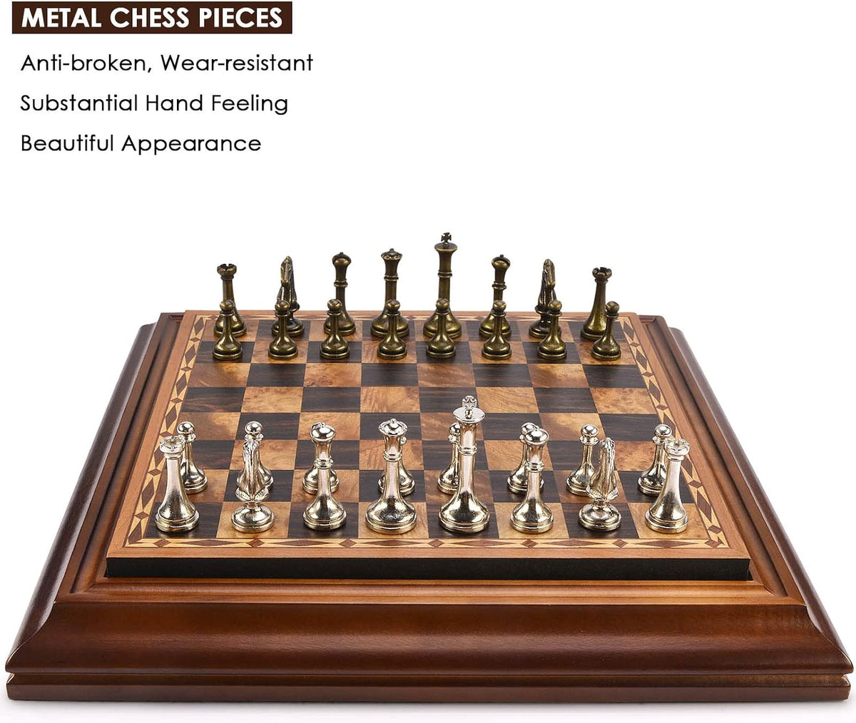 14 inches Wooden Chess Set with Metal Chess Pieces / 2.5'' King/Storage for Chessmen/Gift