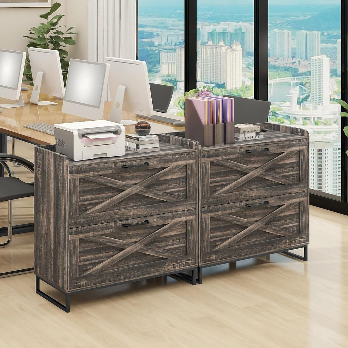 2 Drawer Lateral File Cabinet with Charging Station, Dark Oak | Filing Cabinet for Letter/Legal/A4 Size Hanging
