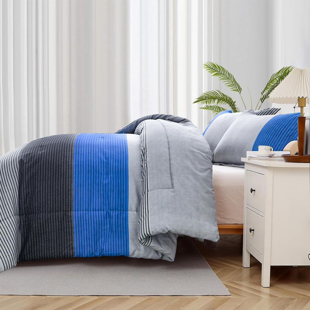 Blue Stripe Comforter Set Reversible Grey Blue Bedding Comforter Set for Bed, 2 Pieces (1 Comforter+1
