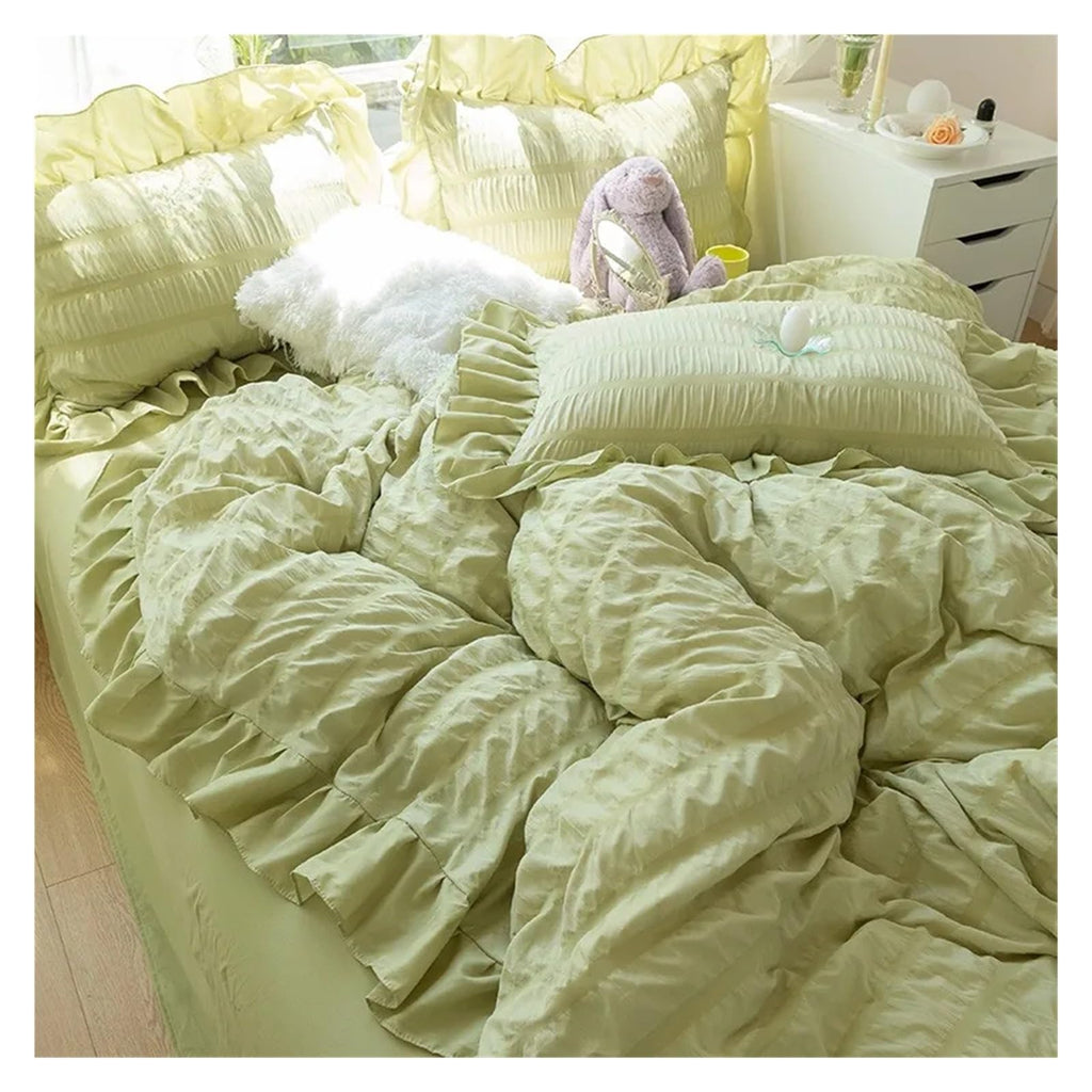 Ultra Soft Seersucker Fabric Ruffle White Bedding Set Double 4Pcs Quilt Duvet Cover Flat Bed Sheet 2