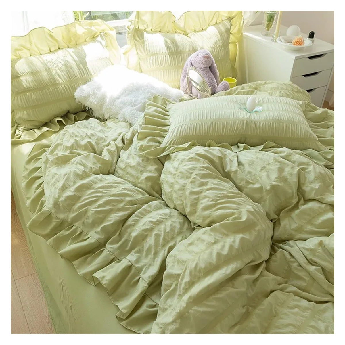 Ultra Soft Seersucker Fabric Ruffle White Bedding Set Double 4Pcs Quilt Duvet Cover Flat Bed Sheet 2
