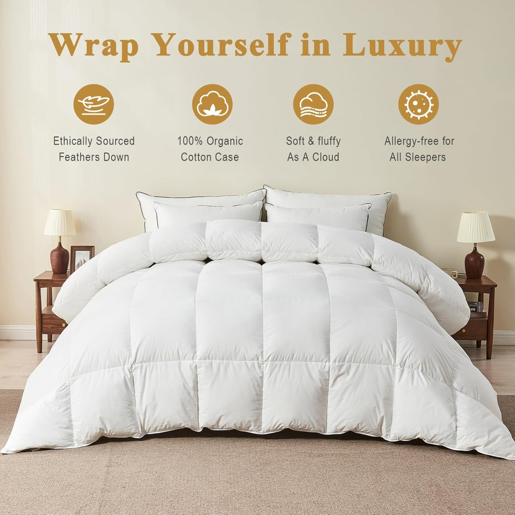 Organic Feather Down Comforter, Luxury Extra-Fluffy Duvet Insert