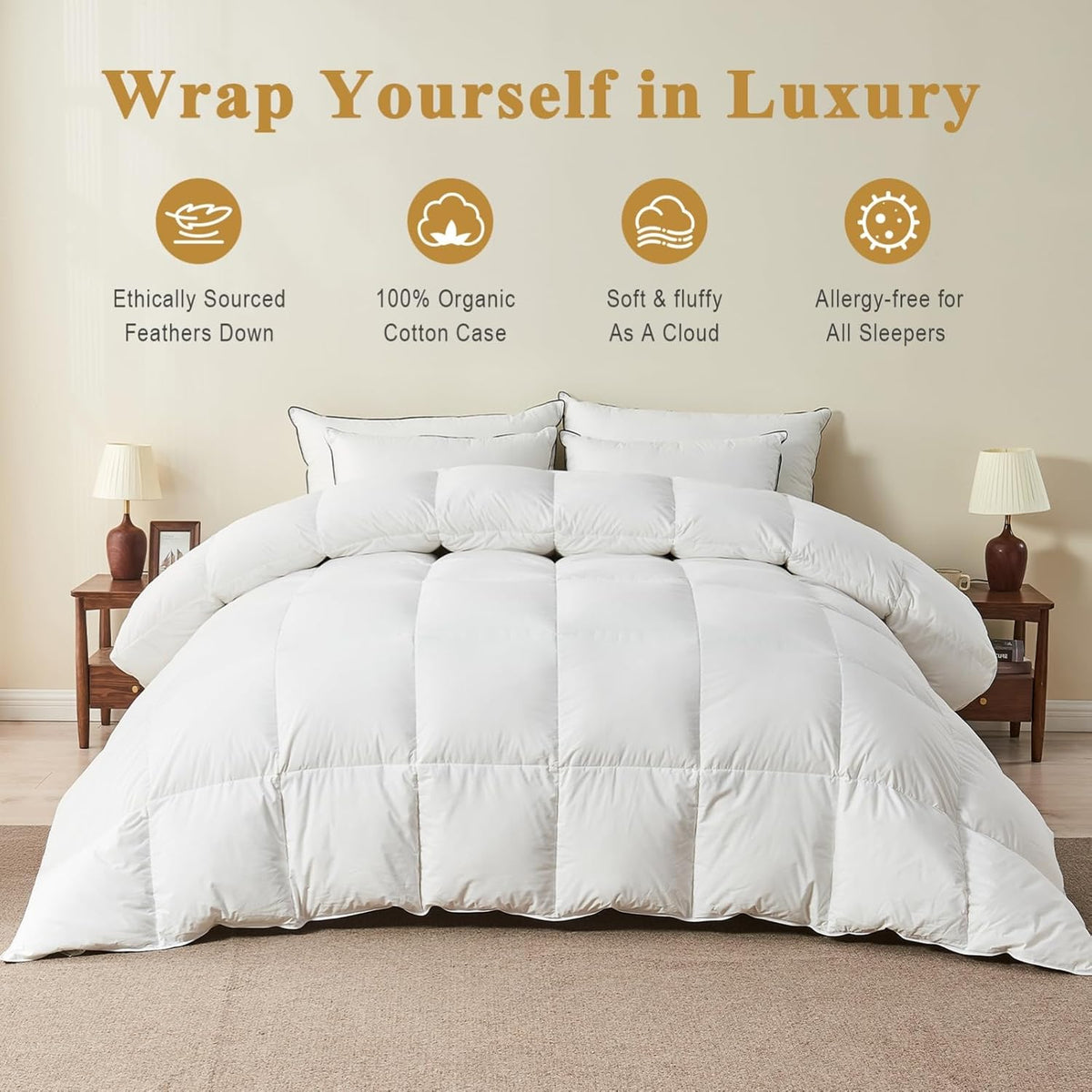 Organic Feather Down Comforter, Luxury Extra-Fluffy Duvet Insert