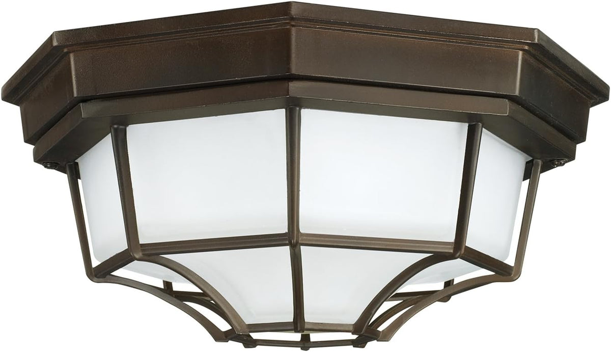 Urban/Industrial Frosted Glass Outdoor Flush Mount Ceiling Light, 2-Light 120 Total Watts, 6" H x 11" W, Old Bronze
