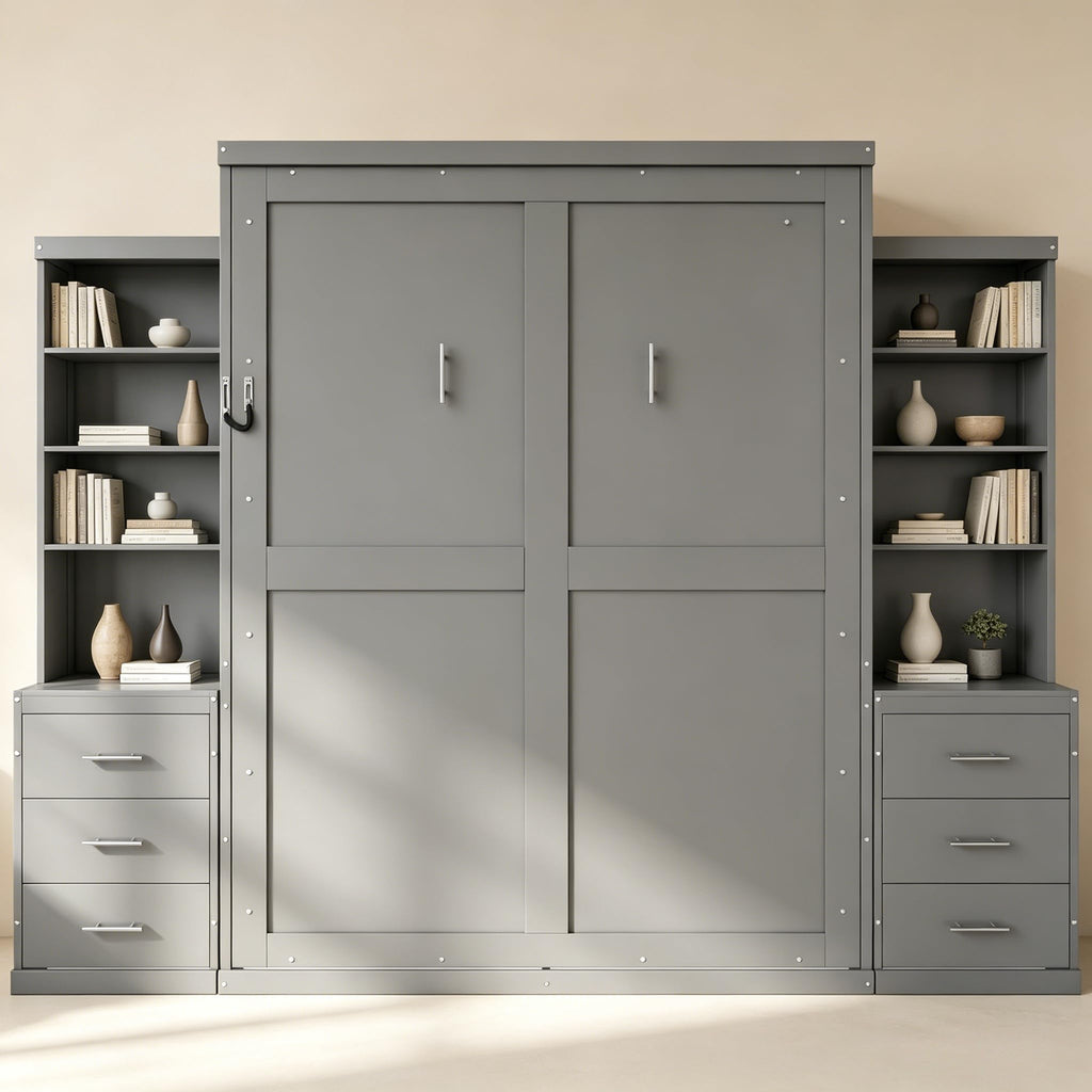 Full Murphy Bed with Storage Shelves and Drawers, Solid Wood Foldable Hidden Vertical Murphy Wall Bed with Storage