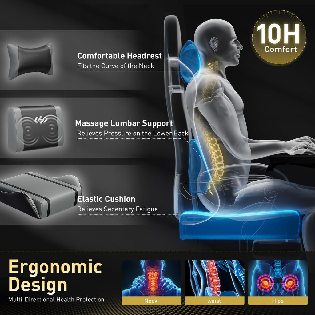 High Back Gaming Chair, USB Massage Lumbar Support, Black&Grey