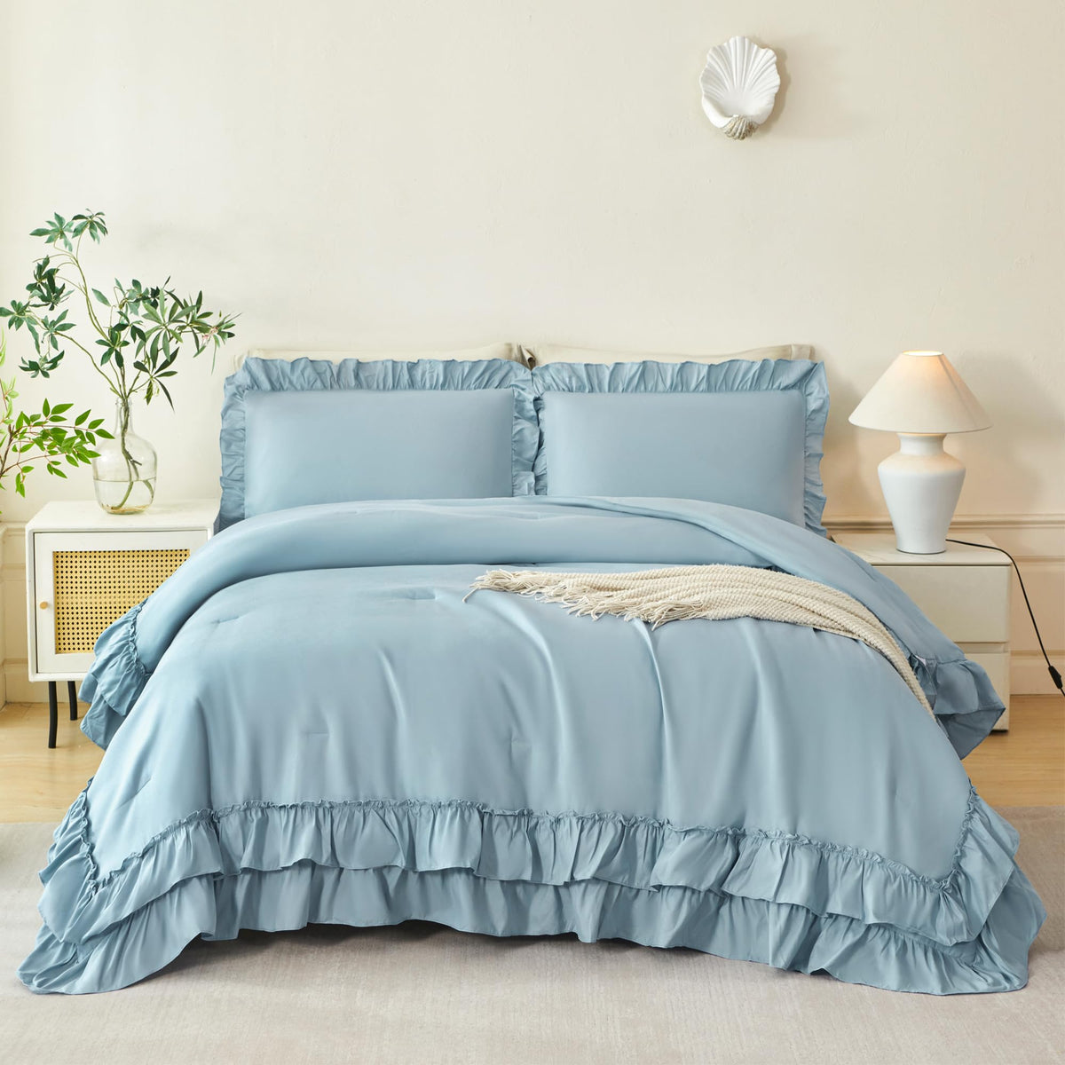 Comforter Set - 5 Pieces Ruffle Dusty Blue Bedding Sets