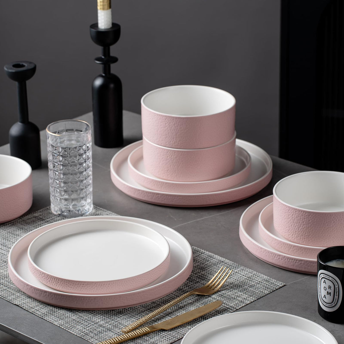 Pink Ceramic Dinnerware Set for 4, 12 Piece Porcelain Plates and Bowls Set for 4, Modern Stoneware Chip and Scratch