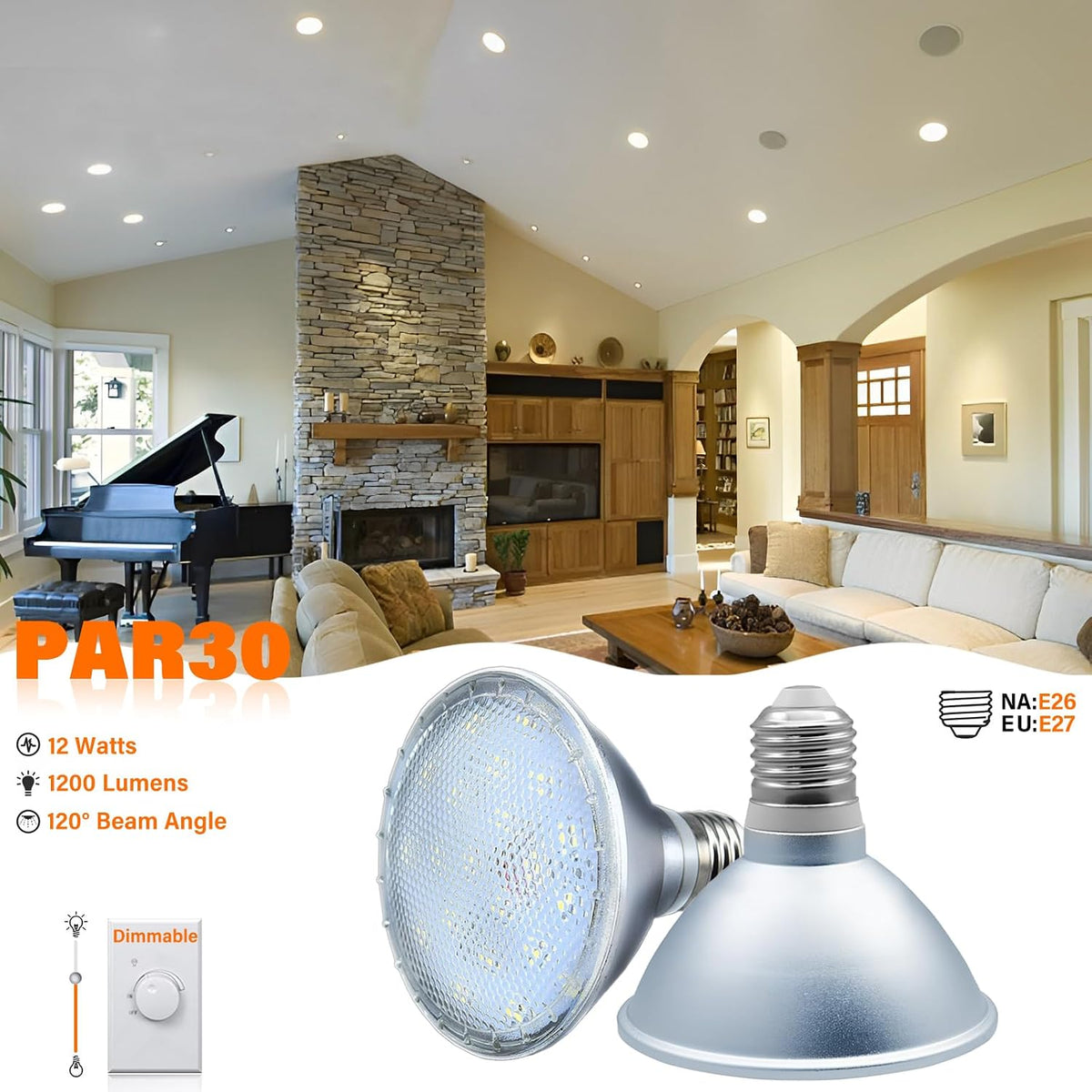 PAR30 Flood Lights LED Bulbs 12 Watt 1200 LM,Dimmable Bulb Spotlight, 10% - 100% Brightness Adjustment, E26/E27 Base