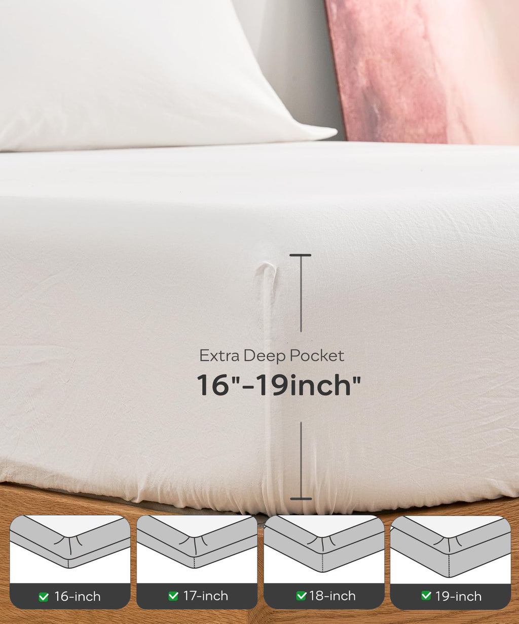 100% Washed Cotton Sheet Set, 4PC, Deep Pocket, White