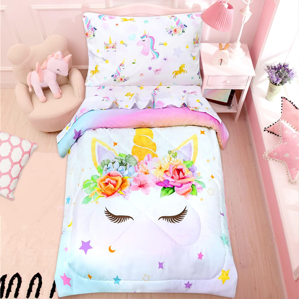 Toddler Bedding Sets for Girls, Unicorn Toddler Crib Bedding Set 4 Piece Pink Floral Toddler Comforter Set Includes