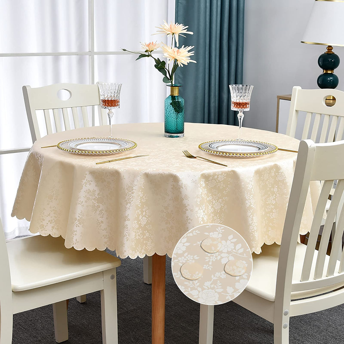 Waterproof Vinyl Tablecloth Round, 60 x 60 Inch, Rose Beige