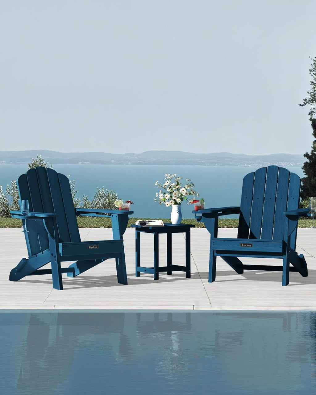 Folding Adirondack Chair, All-Weather HDPE Patio Chair with 2 Cup Holders | Wide Armrest, Wood Grain, Oversized