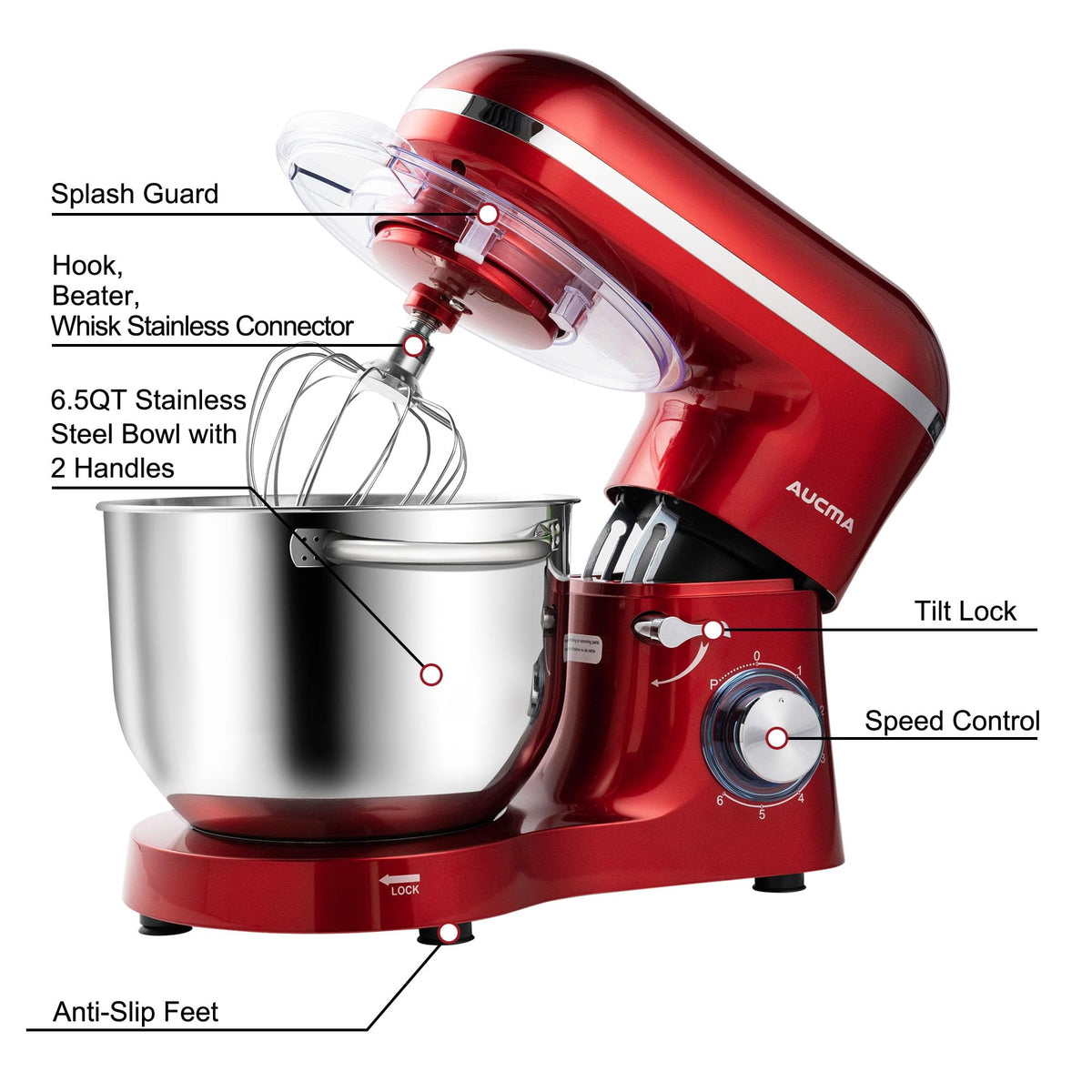 Stand Mixer,6.5-QT 660W 6-Speed Tilt-Head Food Mixer, Kitchen Electric Mixer with Dough Hook, Wire Whip & Beater