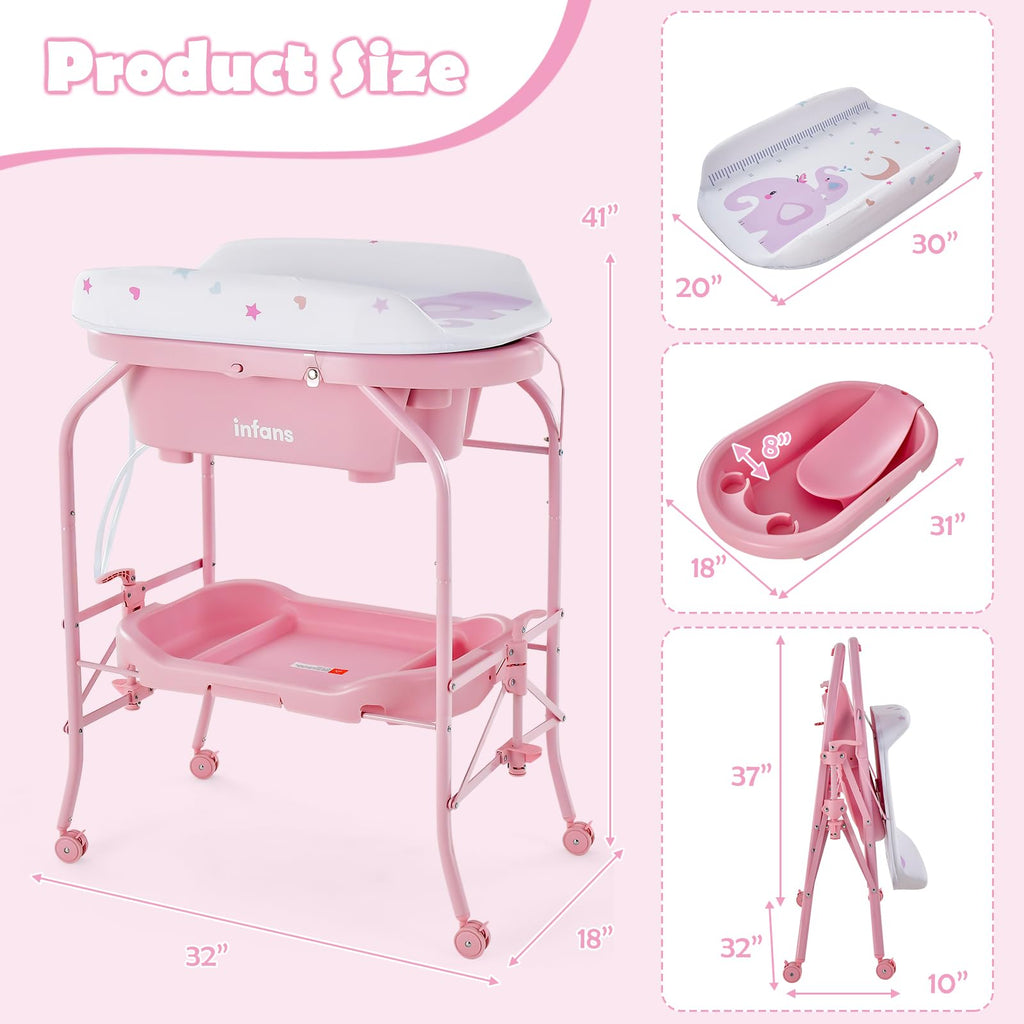 2 in 1 Baby Changing Table with Bath Tub Unit, Folding Diaper Dresser Station with Wheels Waterproof Pad Storage