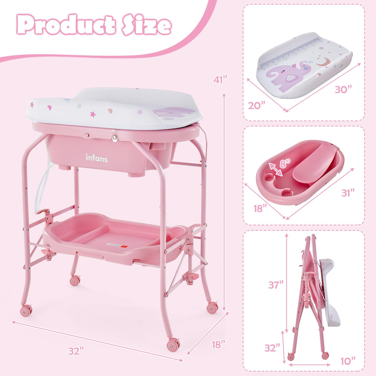 2 in 1 Baby Changing Table with Bath Tub Unit, Folding Diaper Dresser Station with Wheels Waterproof Pad Storage