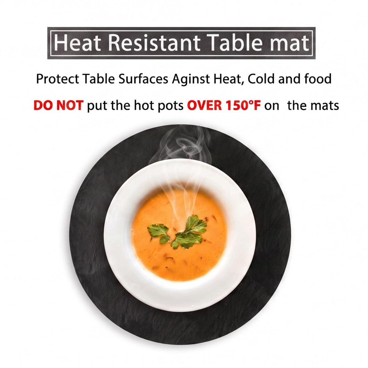 Set of 8 Faux Leather Round Placemats and Coasters, 13''and 3.9'', Black