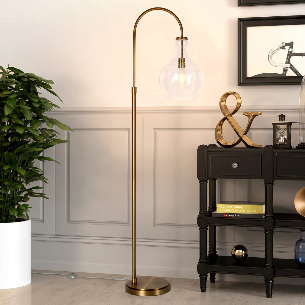 Inspired Arco Style Arc Floor Lamp with Glass Shade in Brass/Clear, Floor Lamp