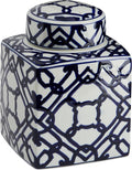 Decorative Square Ceramic Ginger Jar with Lid, Blue and White Geometric Fretwork