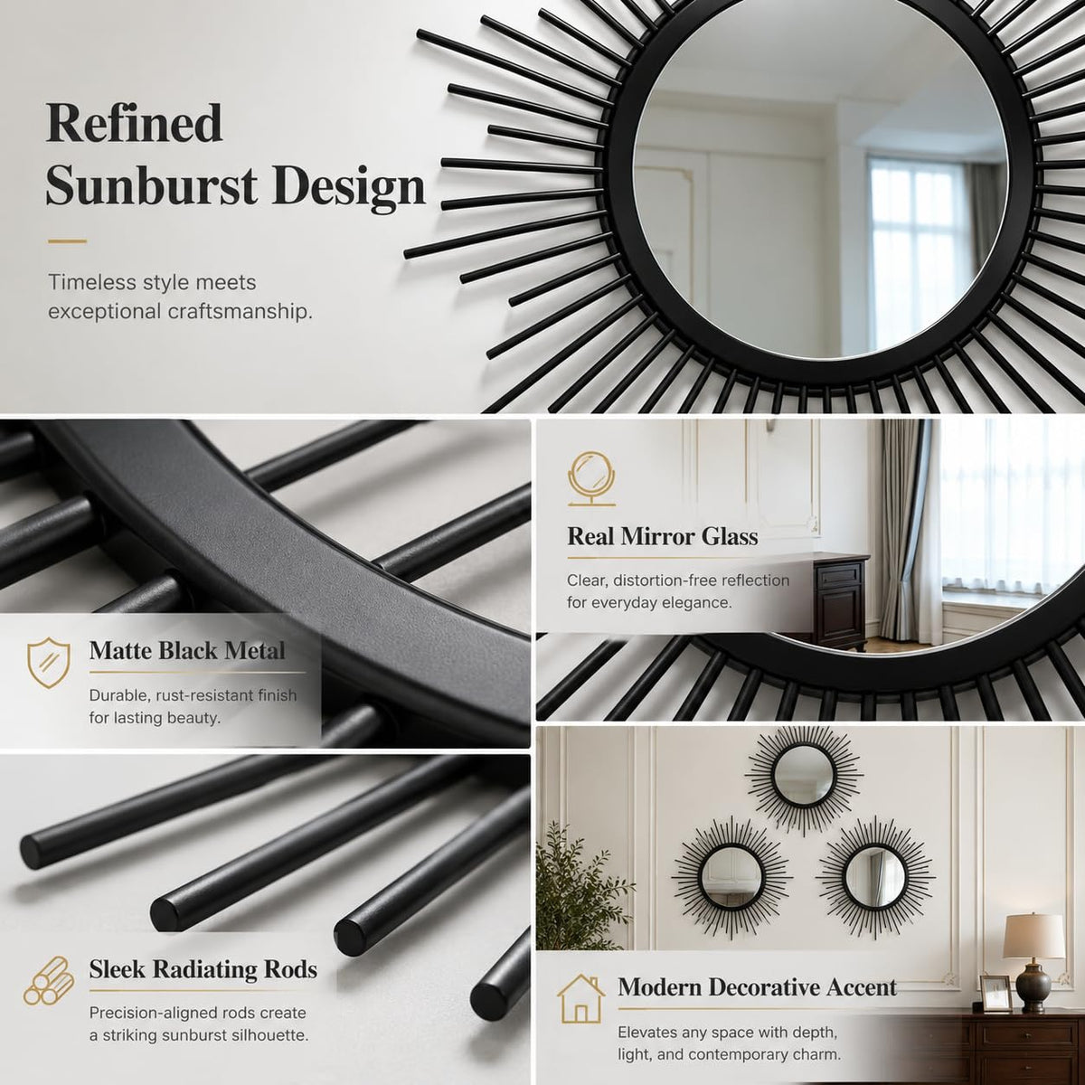 Black Sunburst Mirror Set of 3, 3PCS Metal Round Decorative Wall Mirrors, Starburst Accent Mirror Wall Decor