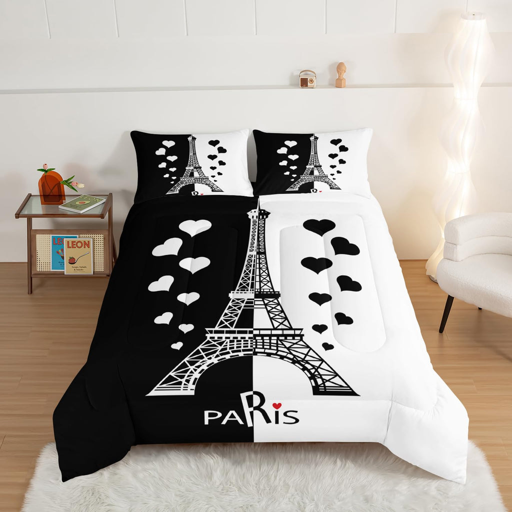Black and White Stitching Love Heart Paris Bedroom Comforter Set, Eiffel Tower Modern French Style Bedroom