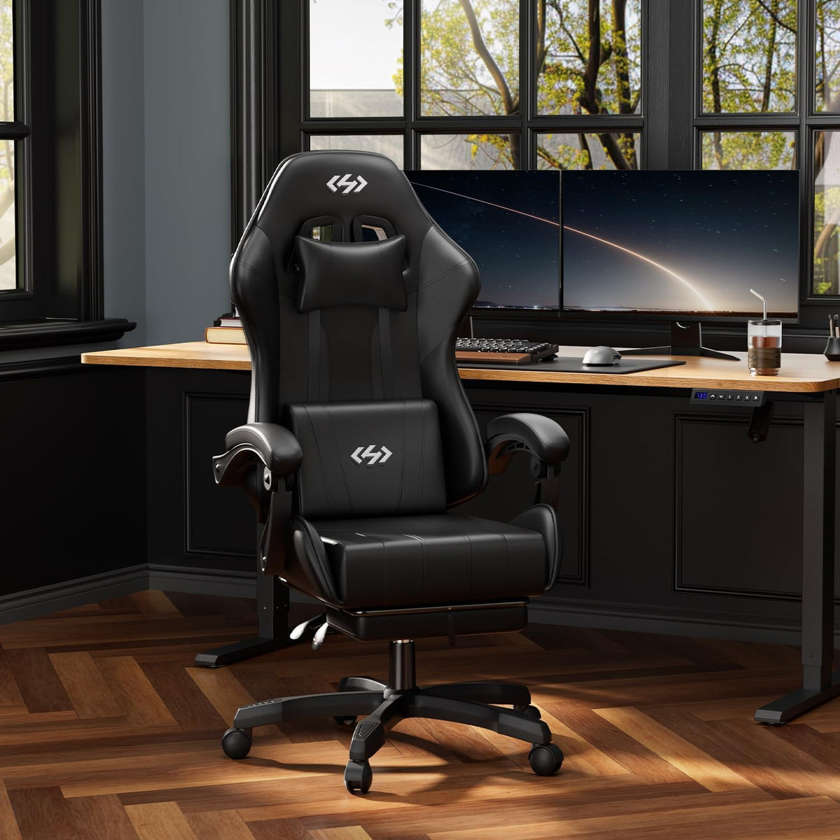 Gaming Chair with Footrest, Lumbar Support & Headrest, Black