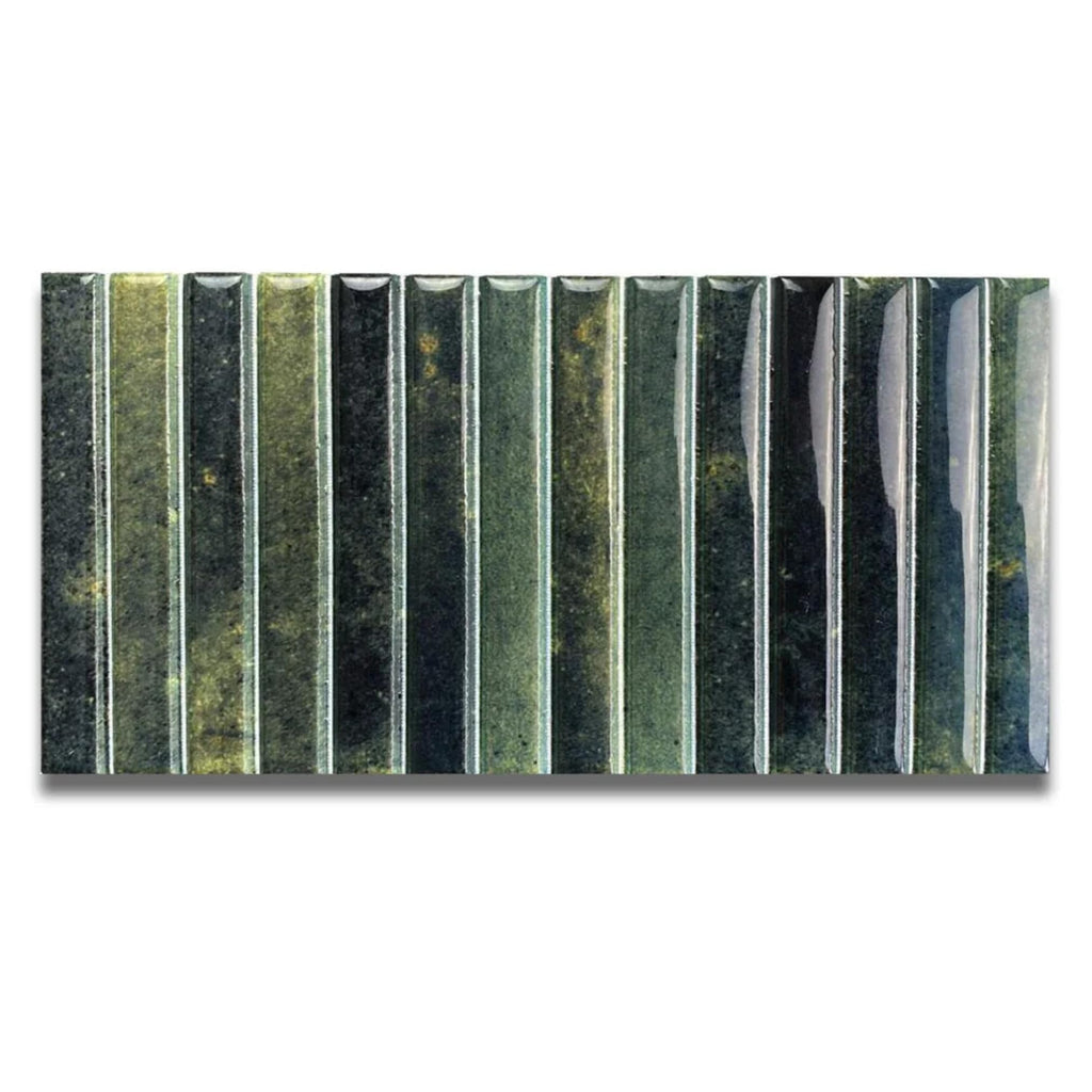 Scandia Glossy Forest Green 4.5x9 Ribbed Porcelain Wall Tile, 3D KitKat Fluted Decorative Tile Backsplash, Bathroom