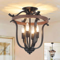 Farmhouse 4 Light Cage Chandelier, Vintage Rustic Mini Flush Mount Ceiling Light Fixture, Black Metal and Faux Wood
