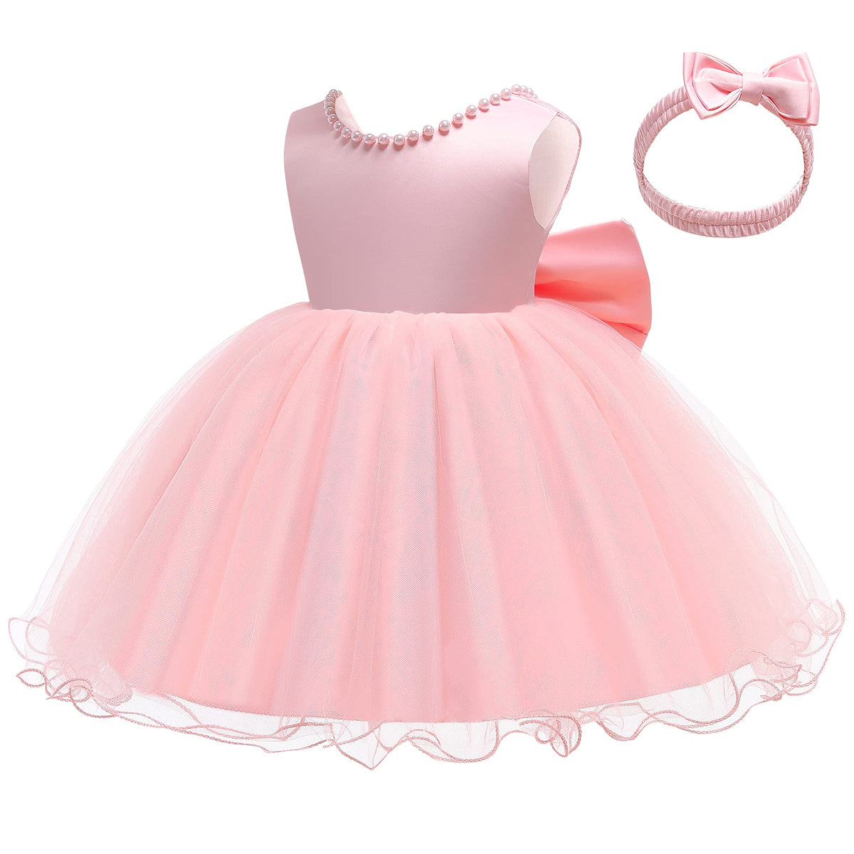 Pink Baby Girl Party Dress Bow Headband Baby Pink Newborn Dress