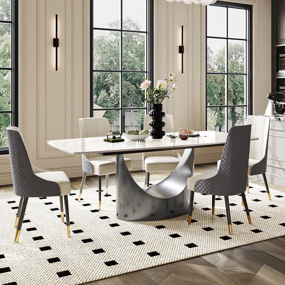 63" Modern Dining Table for 4, Glossy White Dining Room Table, Sintered Stone Tabletop with Gray Carbon Steel