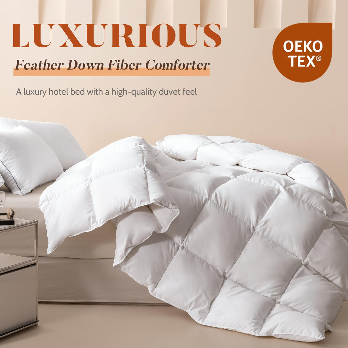 Feather Down Fiber Comforter Ultra Fluffy Duvet Insert, All Season White Cotton Cover Luxury Hotel Bed