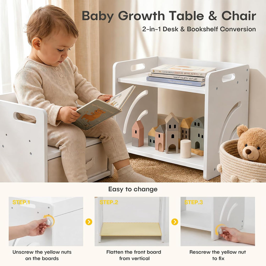 Kids Table and Chair Set with Storage Box & Table Mat - Adjustable Toddler Weaning Table, Wood Kids Furniture for 1-3