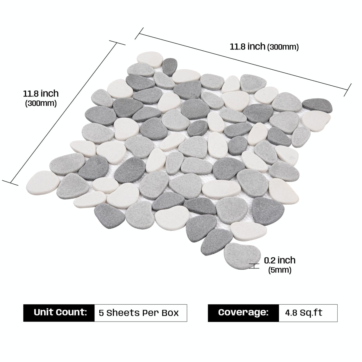 Grey Pebble Bathroom Shower Tile 12x12 in Pebble Mosaic Floor, 5 Pcs