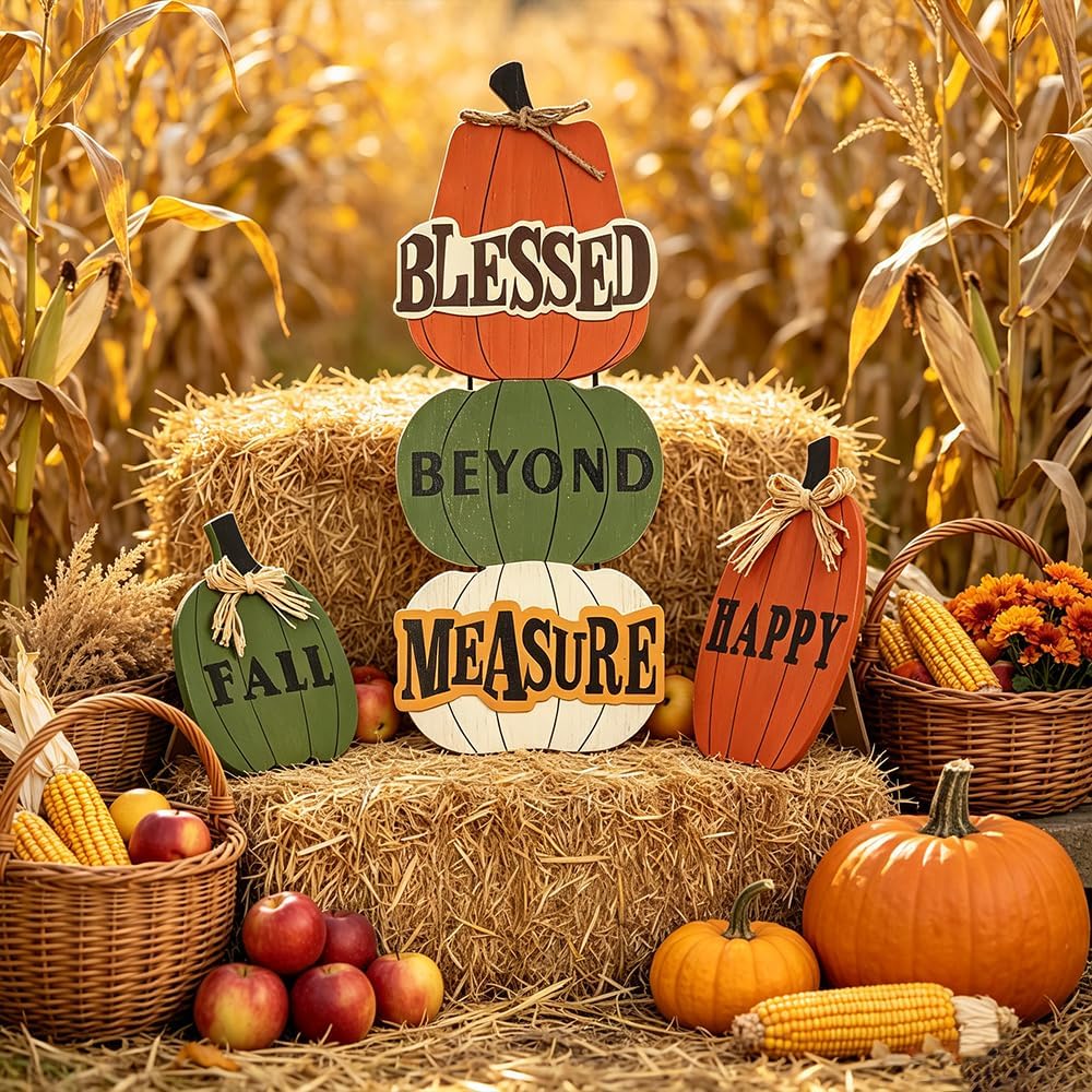 Outdoor Fall Decorations, 3 Pack 24.8" Pumpkin Wood Porch Standings with HAPPY FALL Lettered for Fall Decor, Welcome