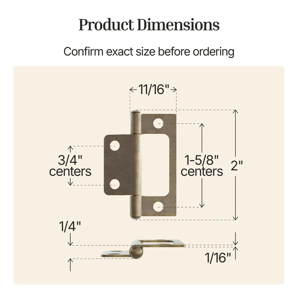 Antique Brass Non-Mortise Hinges - 2" x 11/16" - Pack of 16 - Cabinet Door Hinges - Furniture Hardware - (8)