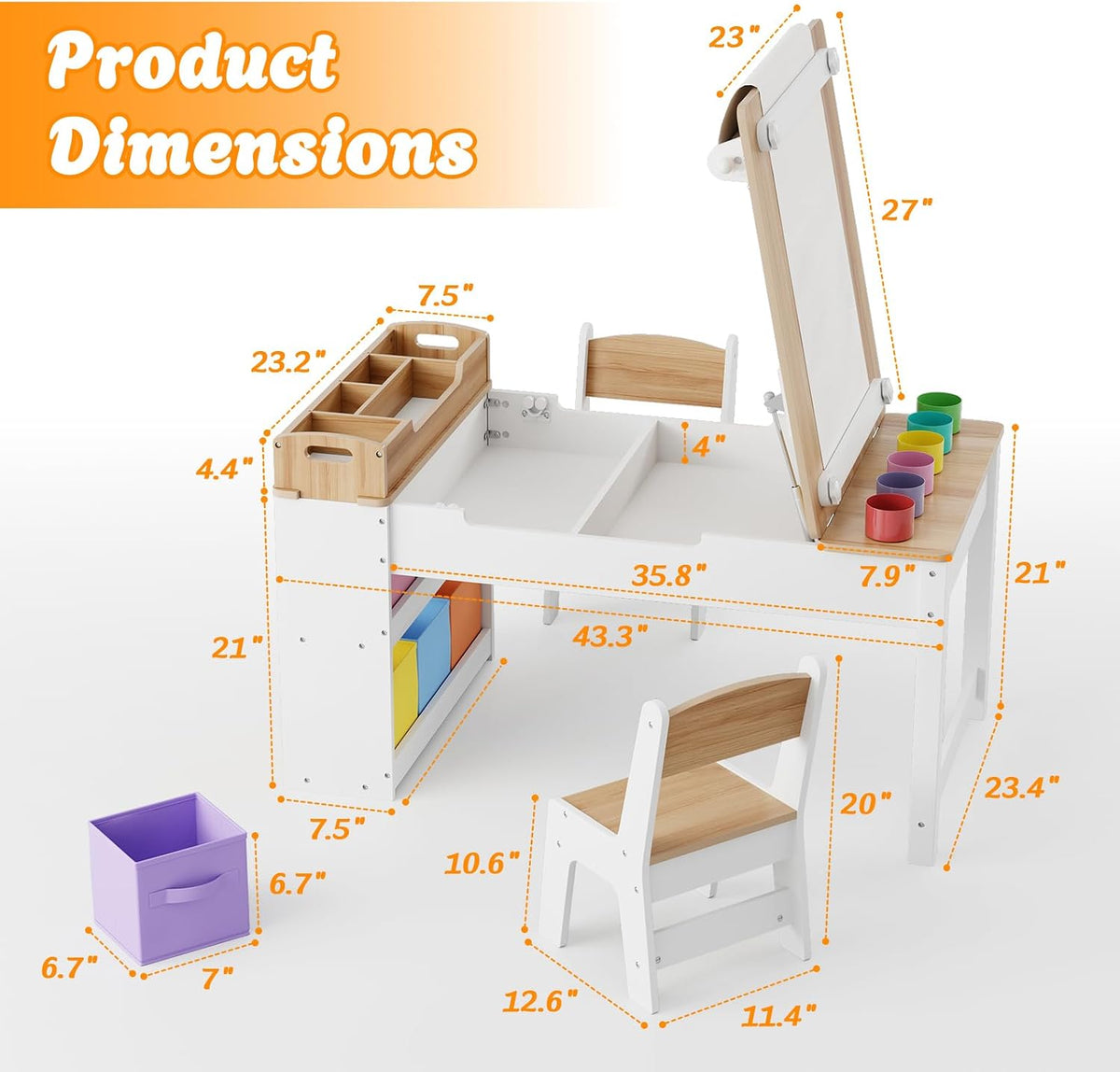 Kids Art Table and Chair Set with 2 Chair & Bins, 44" L x 24" W, Natural