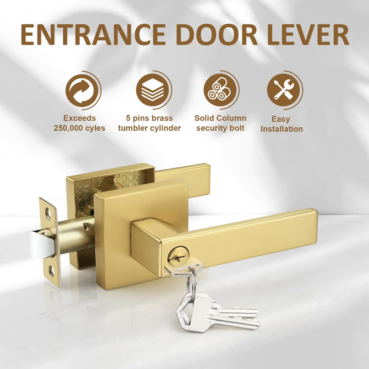 2 Pack Gold Entry Door Handles,Satin Brass Heavy Duty Interior Front Door Handles with Keys, Entrance Exterior