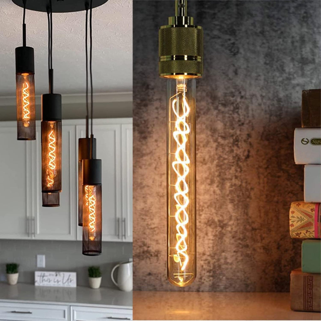 Vintage LED Spiral Filament Bulb T10, 8.9inch Long Tubular Dimmable Edison Light Bulbs,E26 Base,Amber Glass,Warm